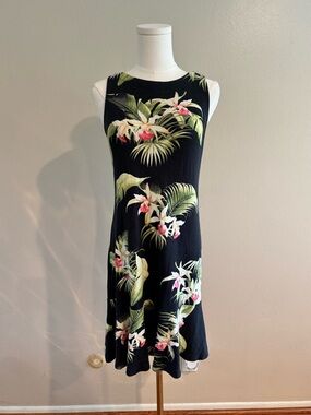 Tommy Bahama Black Midi Dress with Green Palm & Pink Floral Print